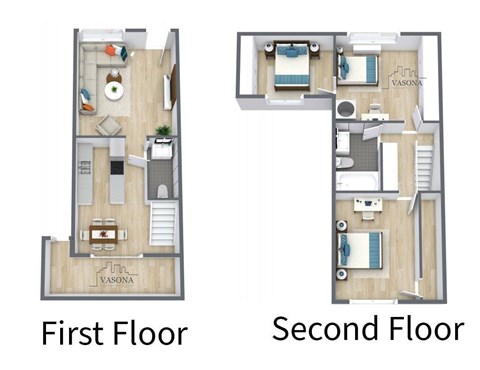 Two images showing the first and second floor layouts of a Vasona apartment.